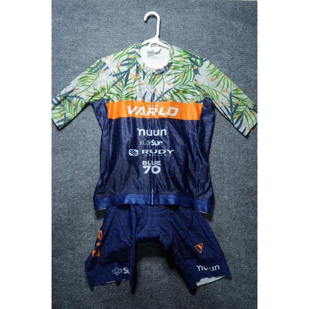VARLO Mens L Triathlon Cycling Kit Jersey + Bib  Blue Orange Floral Racing